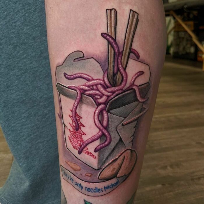 Watercolor Chinese food tattoo featuring noodles and chopsticks in a takeout box.