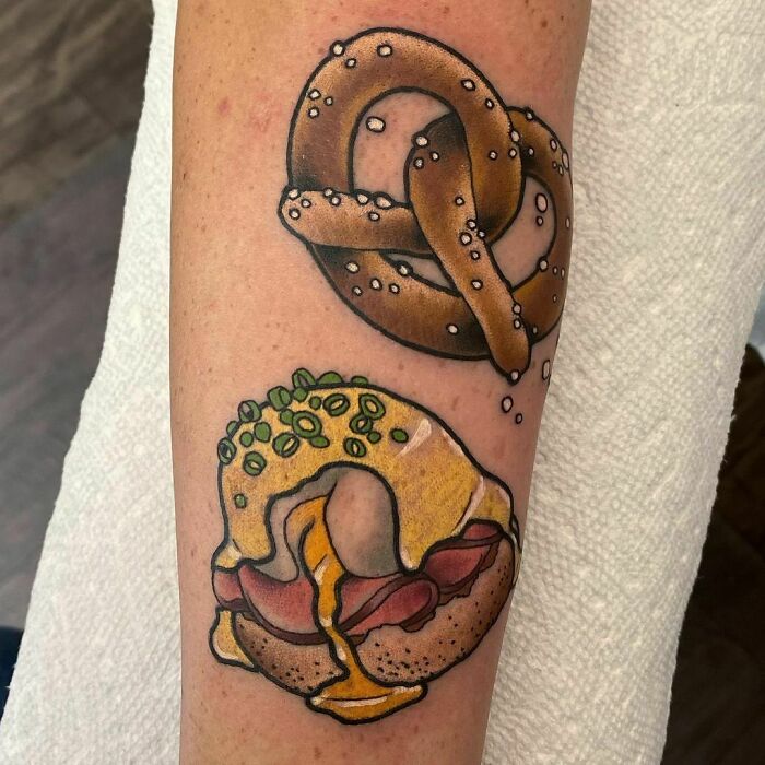 Egg Benedict and pretzel watercolor tattoo