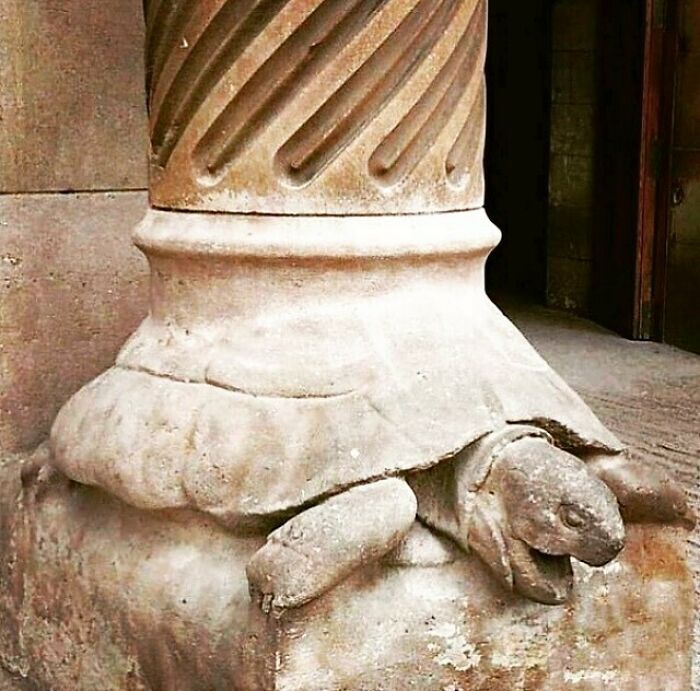 Carved Column With Tortoise. Sagrada Familia By Gaudi In Barcelona