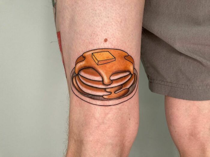 Pancakes with butter and caramel watercolor tattoo