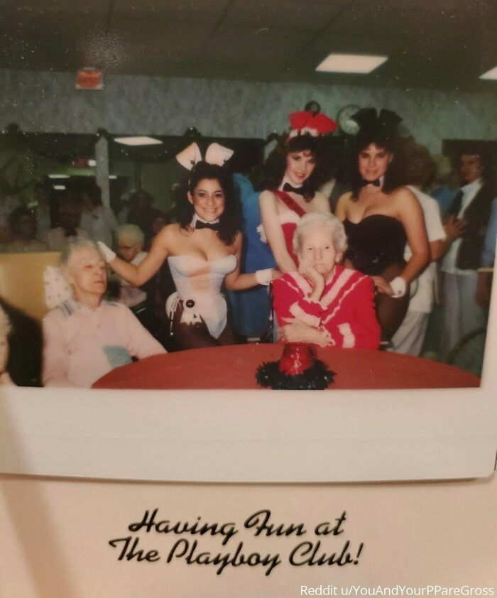 "For Some Reason My Great Great Grandmother's Nursing Home Was Visited By Playboy Bunnies In The 80s. She (Red) Is Clearly Having None Of It."⁠