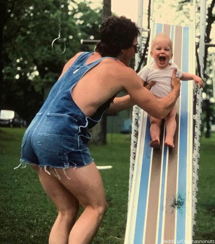 "Very Young Me. Very Young Dad In Very Short Bibs. 80s"⁠