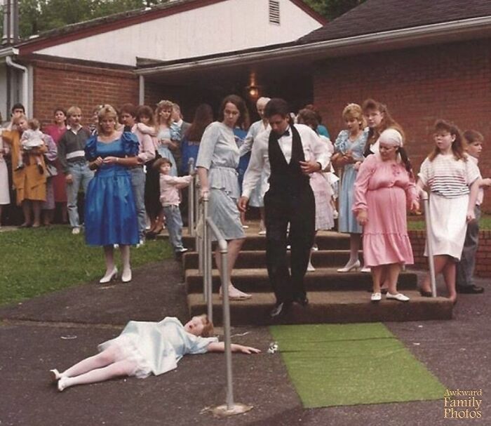 “My Wife Was The Flower Girl For Her Cousin’s Wedding And Decided To Slide Down The Railing While The Bird Seed Was Flying After The Happy Couple Was Married. This Was The Result”