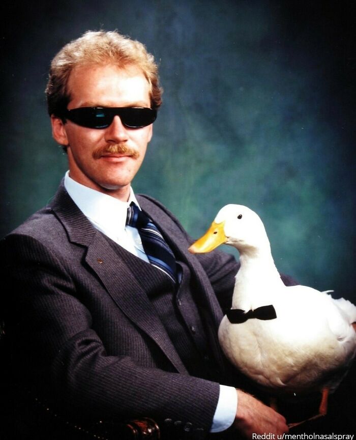 "My Dad And His Beloved Pet Duck. 1994"⁠