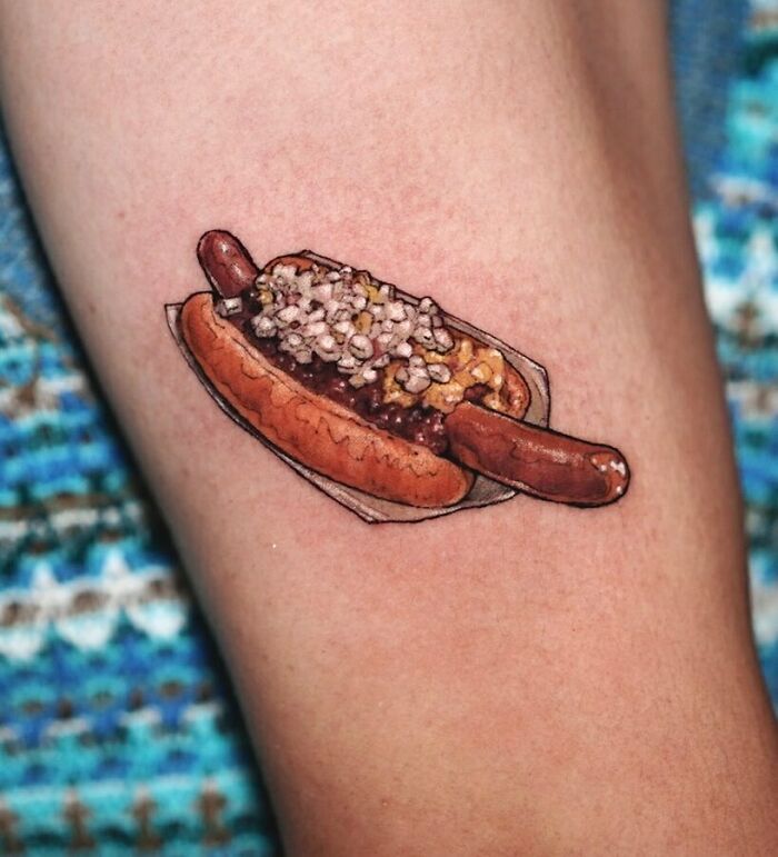 Crispy hot dog watercolor tattoo