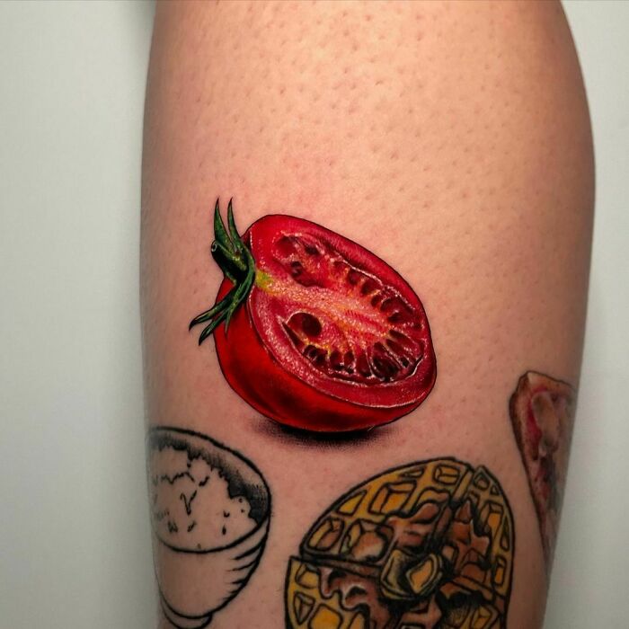 Tomato, salt and waffles watercolor tattoo
