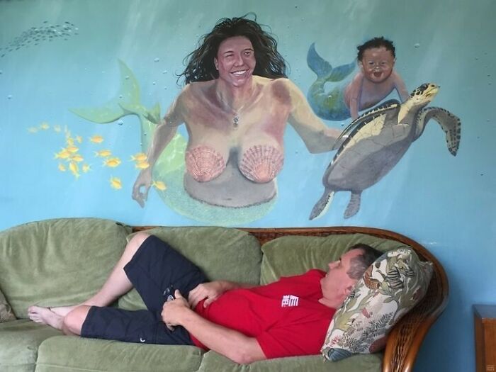 “My Husband On The Couch Of A House We Rented In St John.”⁠ ⁠