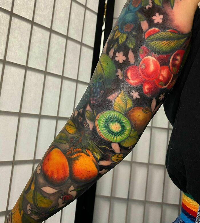 Fruits watercolor sleeve tattoo