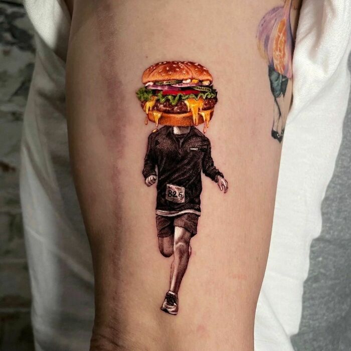 Runner with burger head watercolor tattoo
