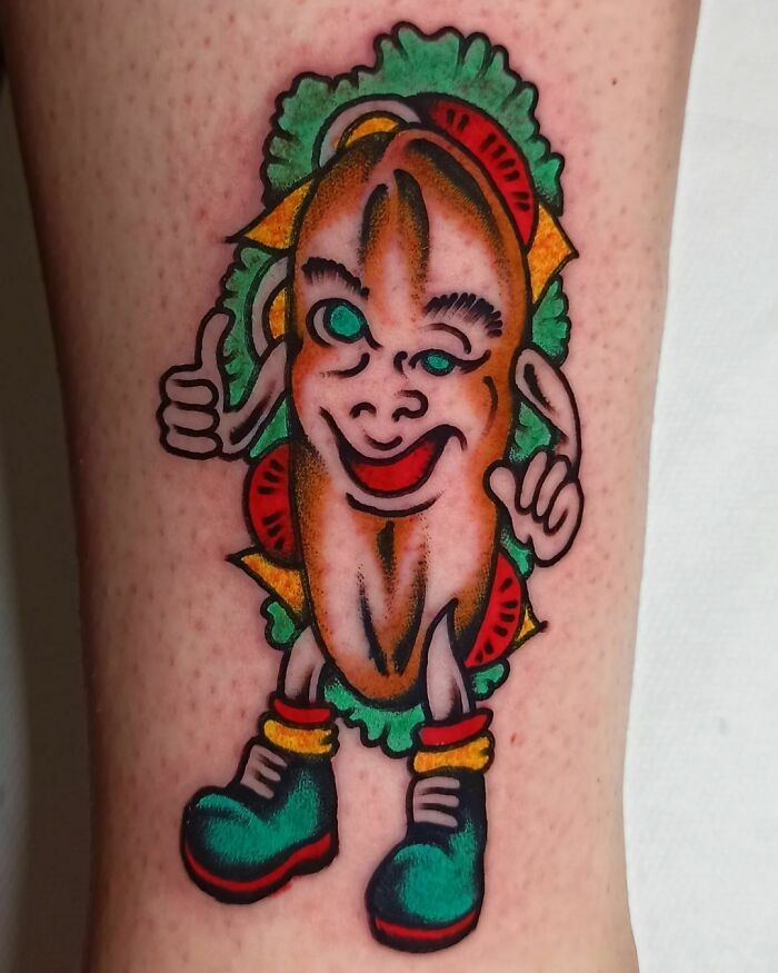 Hot dog with face, hands and legs watercolor tattoo