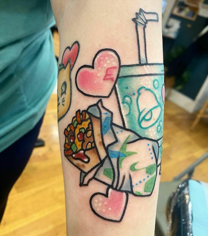 Burrito with a drink watercolor tattoo