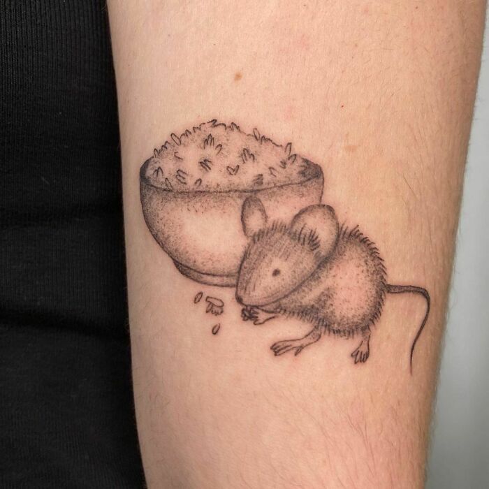 Mouse eating rice tattoo