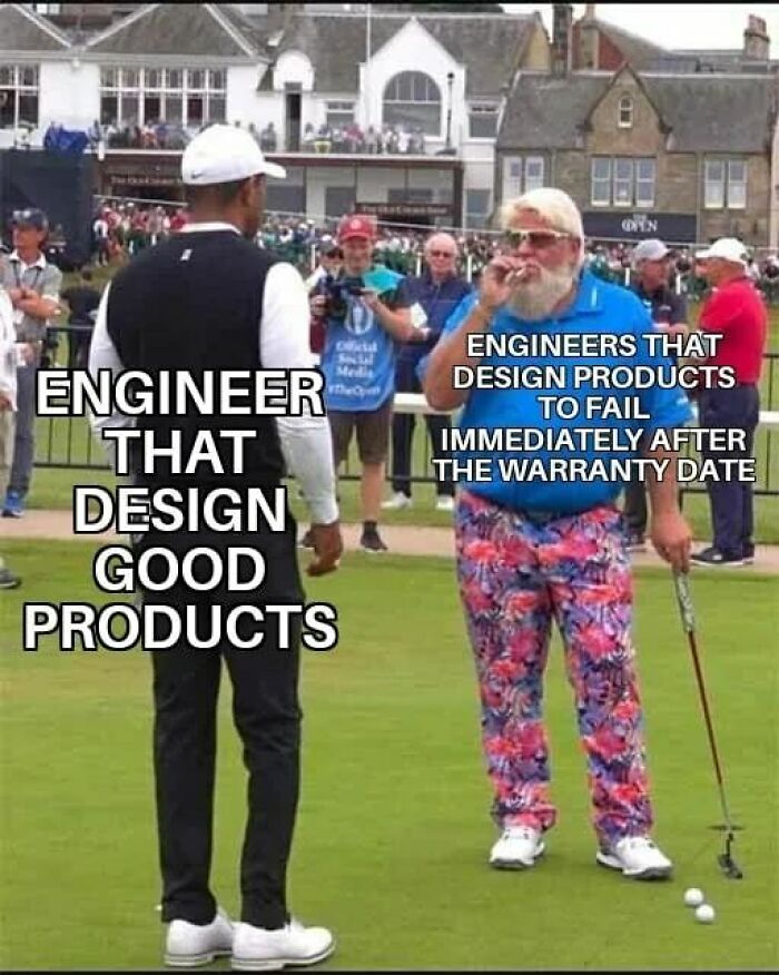 Two men on a golf course; one dressed seriously, the other humorously. Text reflects product design satire. Educational memes.