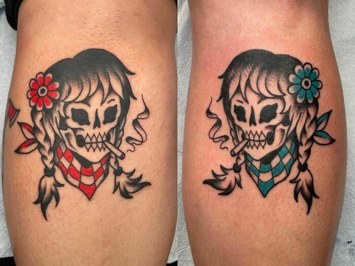 American traditional tattoos featuring skulls with braided hair and flowers, showcasing red and blue color themes.