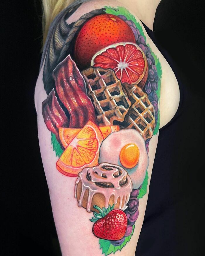 Breakfast watercolor arm tattoo