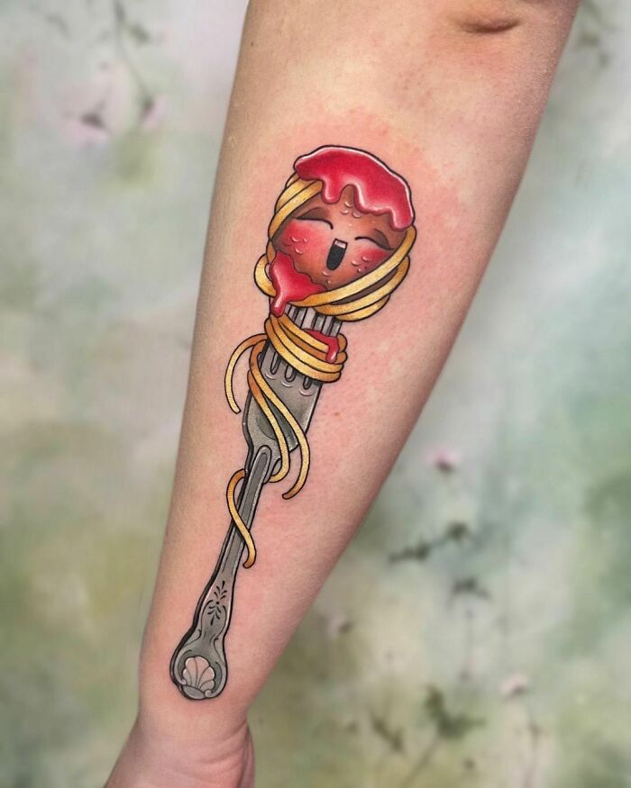 Spaghetti and fork watercolor tattoo