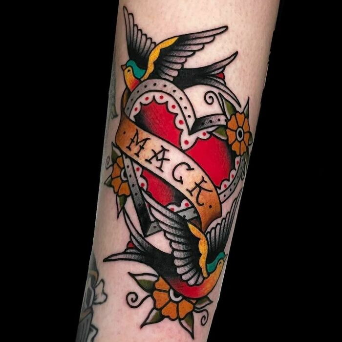 American traditional heart with birds tattoo