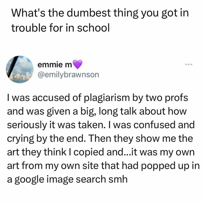 University student meme about mistakenly accused plagiarism incident involving original art found via Google search.