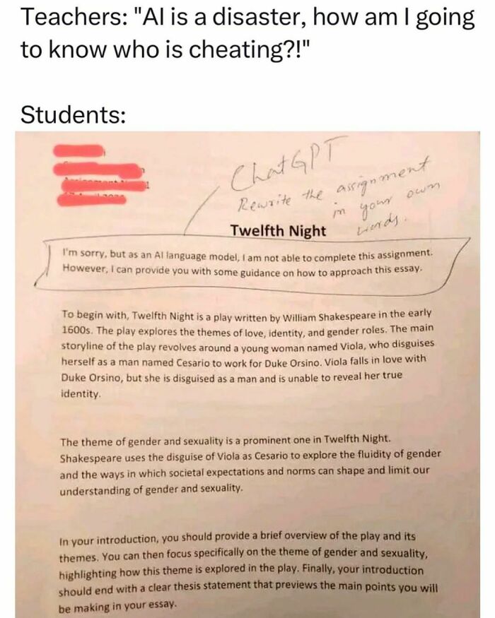 Student meme highlighting university life and AI, with a funny exchange about assigning essays with ChatGPT.