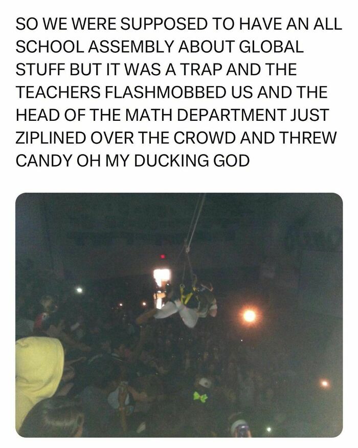 Teachers perform a flashmob, head of math ziplines over university students during assembly.