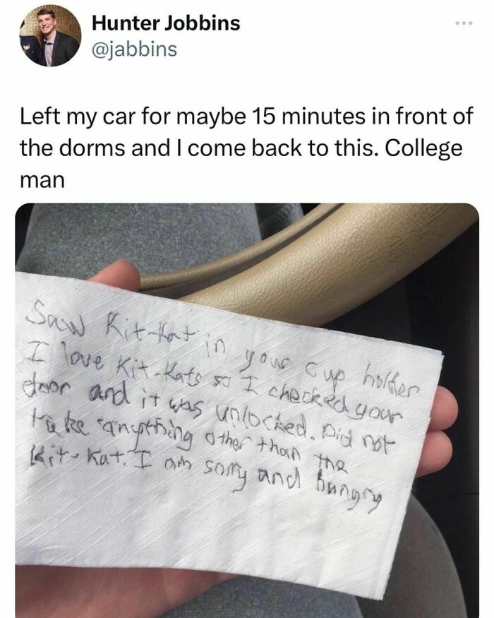 Handwritten note on napkin about a Kit-Kat, showing humorous side of university life.