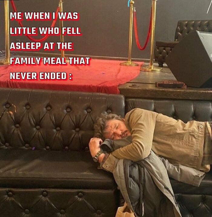 Me when I was little who fell asleep at the family meal that never ended meme
