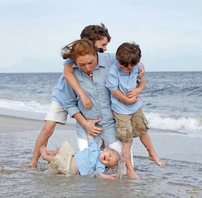 “During Our ‘Perfect’ Beach Photo Shoot, My Oldest Son Jumped On My Back, Propelling My Infant Son Out Of My Arms (As My Middle Son Looked On In Amusement). My Infant Son Was Not Harmed, Just Wet And Scared But Mommy Is Forever Traumatized.”