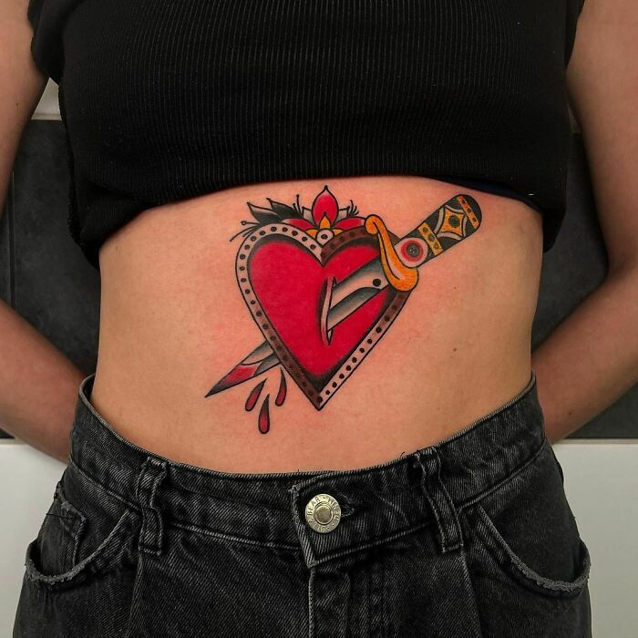 American traditional heart belly tattoo
