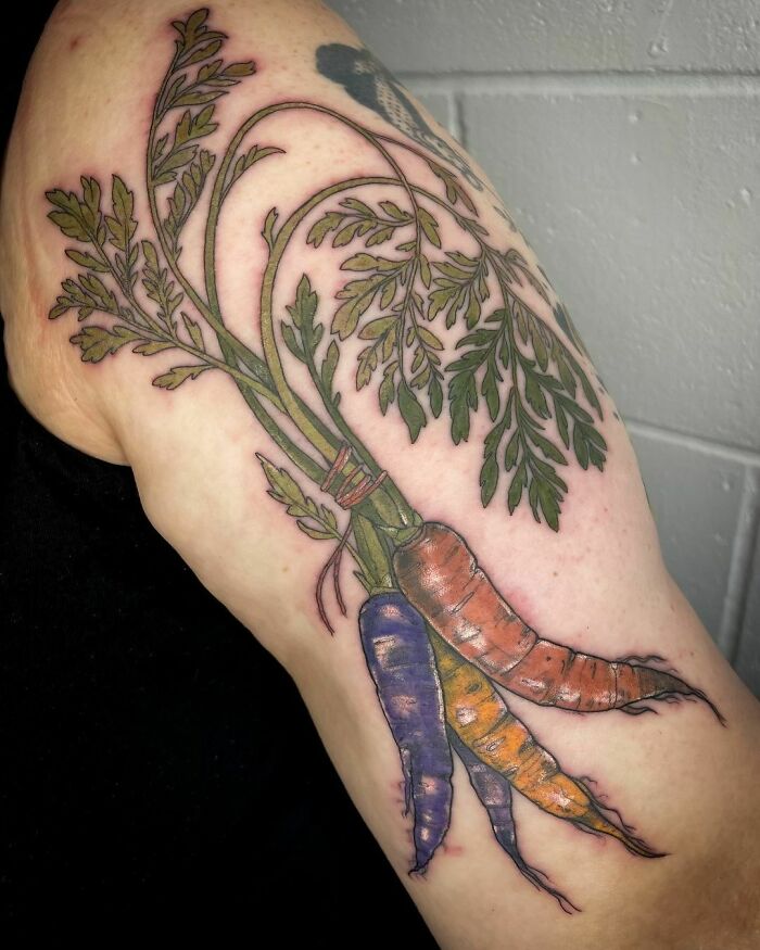 Bunch of colorful carrots watercolor tattoo