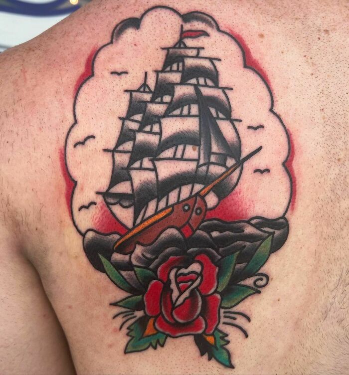 American traditional ship back tattoo