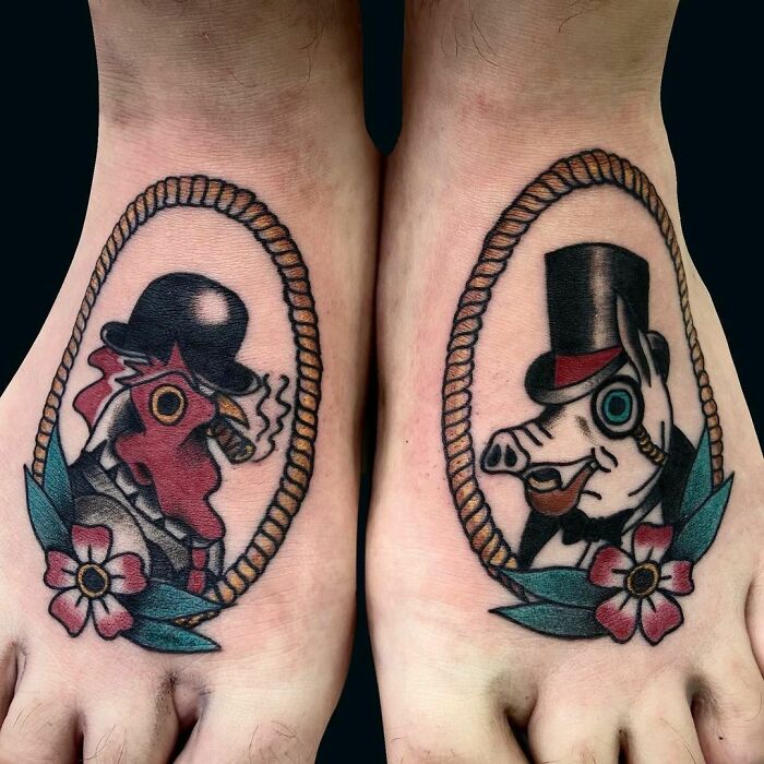 Two American traditional tattoos on feet, depicting a chicken and a pig in top hats framed with rope.