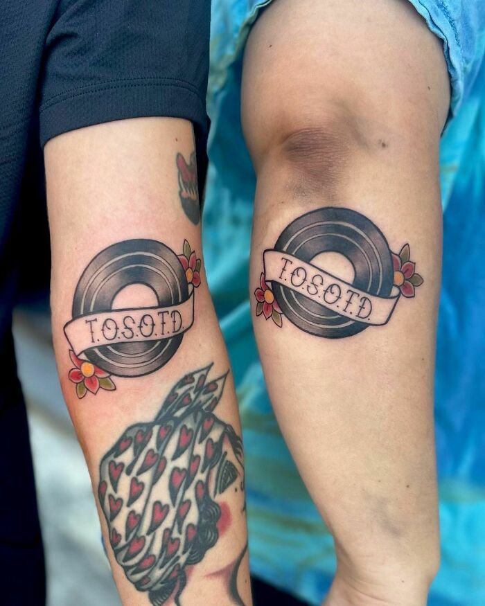 Matching American traditional tattoos