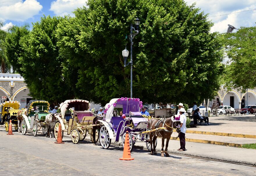 The Colorful Horse-Drawn Carriages In Front Of The Monastery In Izamal, Yucatan, Mexico