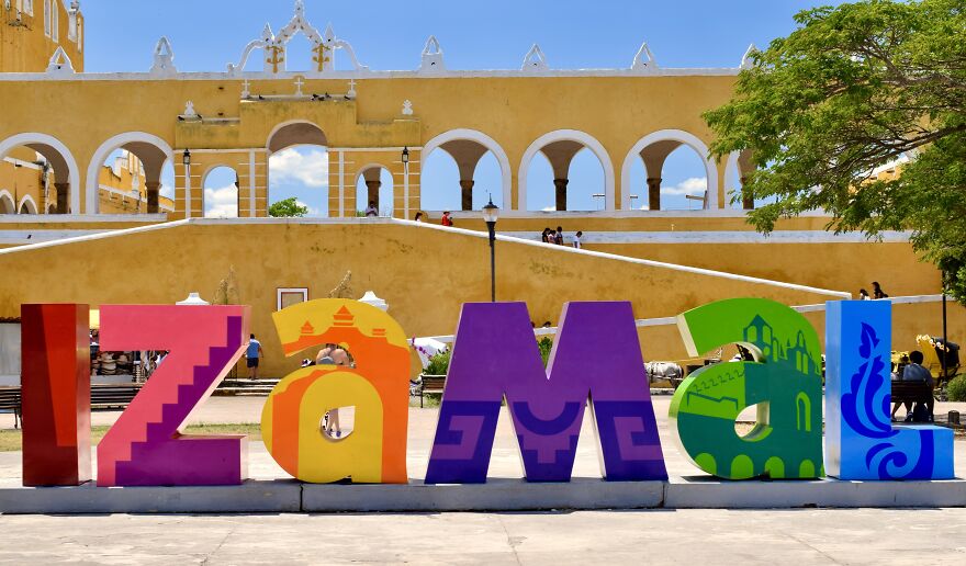 The "Izamal"Sign In The Town Square In Front Of The Monastery In Izamal, Yucatan, Mexico