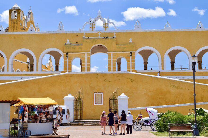 The Side Of The San Antonio De Padua Monastery Facing The Town Square And Park In Izamal, Yucatan, Mexico
