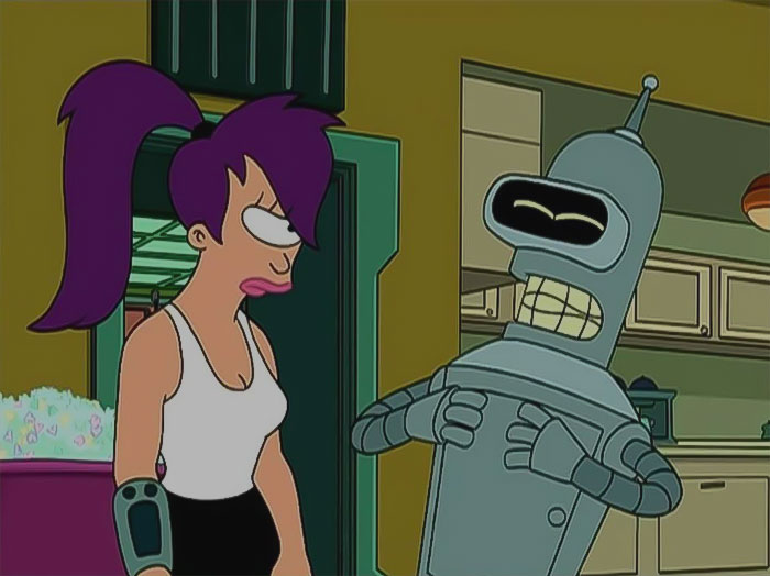 Leela angry and Bender laughing from Futurama