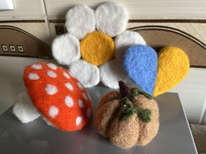 My Very Basic Felting Attempts. The Bicolor Heart Is For My Ukrainian Friends