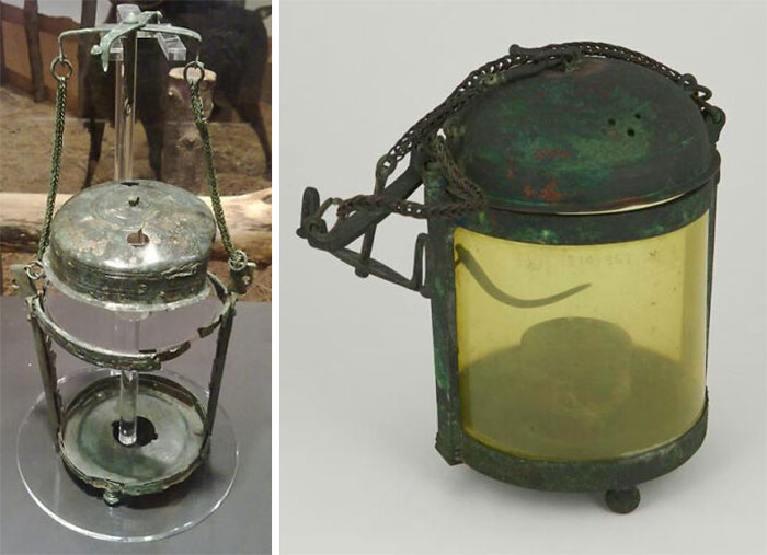 The Only Intact Bronze Lantern From Ancient Rome Next To A Reproduction. Housed In The Museo Archeologico Girolamo Rossi In Ventimiglia, Italy