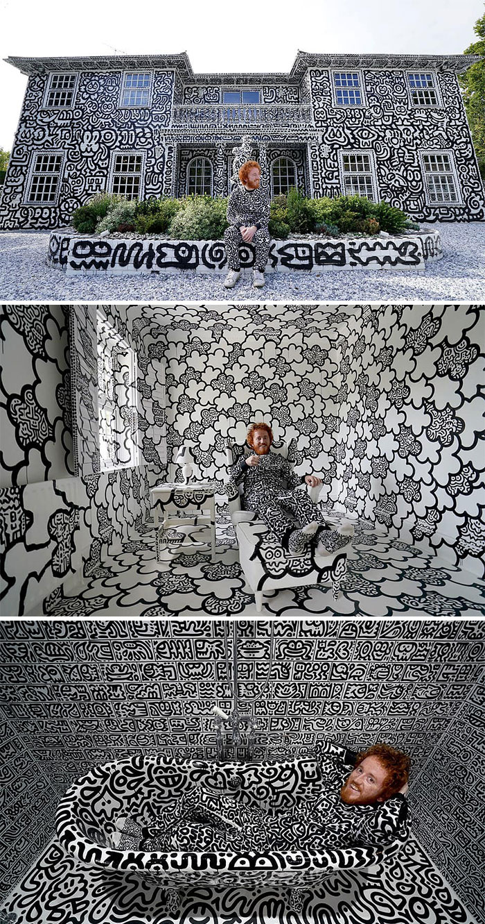 Artist Mr Doodle Has Spent Two Years Covering Every Square Inch Of His £1.35million House In Doodles, Working His Way Through 900 Litres Of Emulsion, 401 Cans Of Spray Paint, 286 Bottles Of Drawing Paint, And 2,296 Pen Nibs