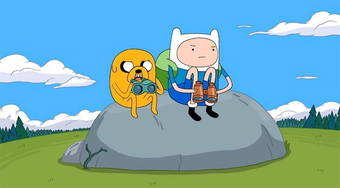 Finn the Human and Jake the Dog looking through binoculars