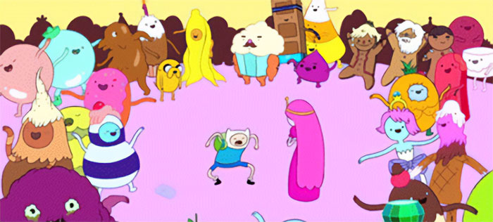 Finn the Human in the middle of circle with Princess Bubblegum