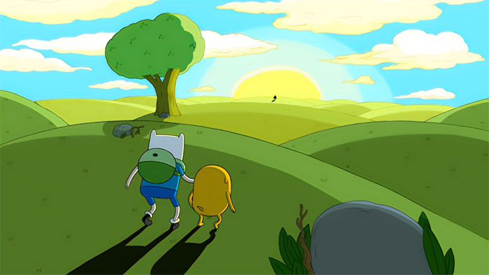 Finn the Human and Jake the Dog in the fields
