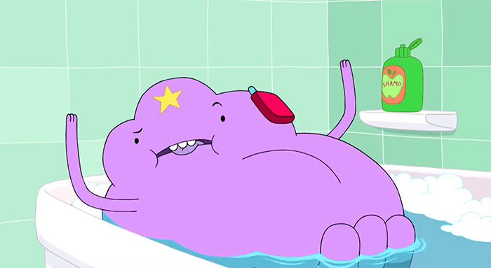 Lumpy Space Princess lying in the bath and talking on the phone
