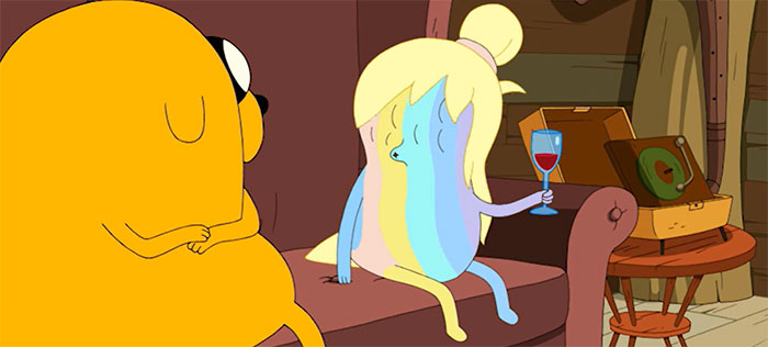 Jake Jr. drinking wine and talking with Jake the Dog