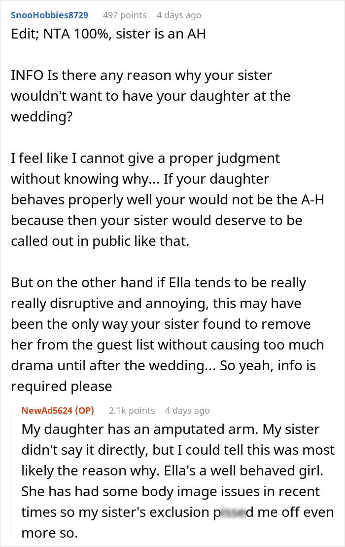Man Condemns Sister For Excluding His Amputee Daughter From Allegedly ‘Child-Free’ Wedding Man Condemns Sister For Excluding His Amputee Daughter From Allegedly ‘Child-Free’ Wedding