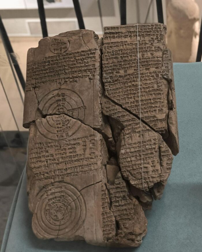 The Iraqi Museum Houses An Ancient Clay Tablet That Was Discovered In Uruk (Warka), Located In Southern Iraq. This Tablet Is Inscribed With Cuneiform Script And Features Three Geometric Circles Containing Astronomical Calculations