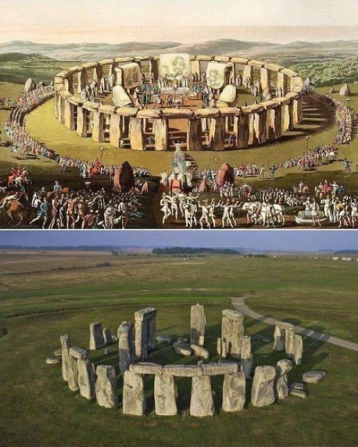 Comparison Of Stonehenge: An Imagined Druid Festival In 1815 (Top) By C.h. Smith And S.r. Meyrick, With Stonehenge Today (Bottom) By English Heritage