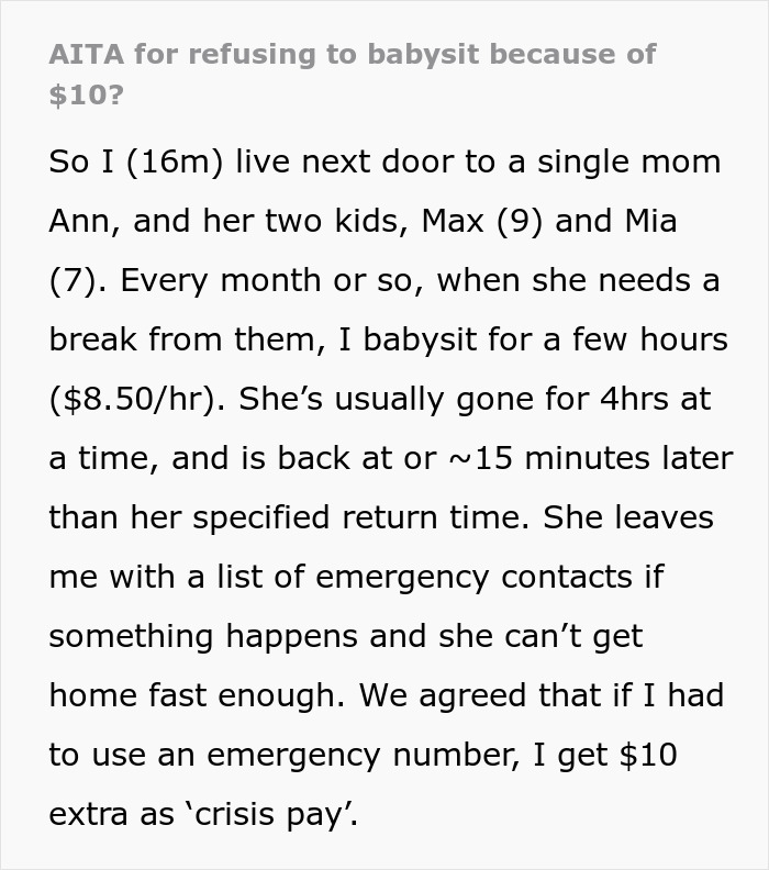 Mom Refuses To Pay Babysitter An Extra $10 For 'Crisis Pay', So He Refuses To Babysit