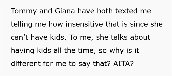 Brother’s Infertile Girlfriend Keeps Making Judgy Comments Regarding This Woman's Parenting, She Can’t Take It Anymore And Snaps Back Brother’s Infertile Girlfriend Keeps Making Judgy Comments Regarding This Woman's Parenting, She Can’t Take It Anymore And Snaps Back