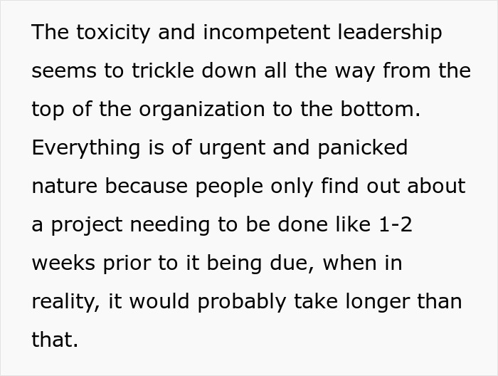 “Everything Is Urgent And Panicked”: Man Puts In 2-Week Notice, Toxic Management Puts Months Of Work On His Desk Instead “Everything Is Urgent And Panicked”: Man Puts In 2-Week Notice, Toxic Management Puts Months Of Work On His Desk Instead